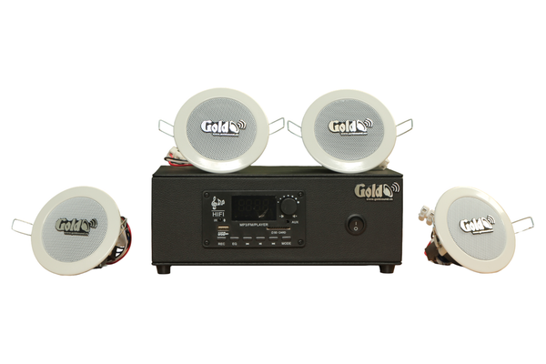Dàn loa âm trần thông báo, phát nhạc nền tự động: A2.0PU Goldsound 60w + 4 loa âm trần VAT8, loa được thiết kế riêng cho quán, bật lớn không tạp âm, miễn phí công lắp đặt, bảo hành dài hạn 12 tháng