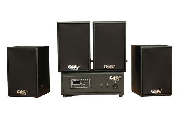 Dàn loa không dây treo tường, Loa thông báo, loa phát nhạc tự động: 01 amply A57 Goldsound + 4 loa không dây Goldsound V30 UHF - 30w