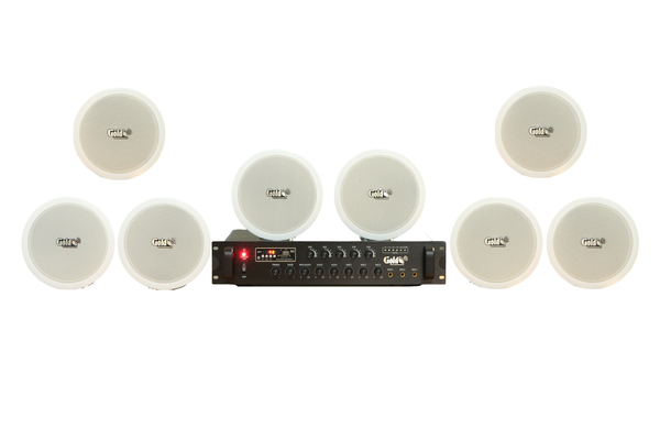 Dàn loa âm trần thông báo, phát nhạc nền tự động: A280F Goldsound 280w + 8 loa âm trần VAT9, loa được thiết kế riêng cho quán, bật lớn không tạp âm, miễn phí công lắp đặt