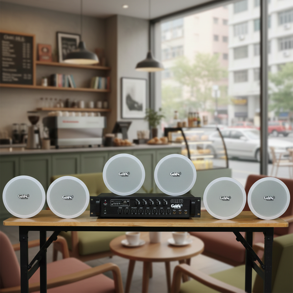 Dàn loa âm trần thông báo, phát nhạc nền tự động: A480F Goldsound 5 vùng âm lượng 480w + 6 loa âm trần VAT13, loa được thiết kế riêng cho quán, bật lớn không tạp âm, miễn phí công lắp đặt, bảo hành dài hạn 12 tháng