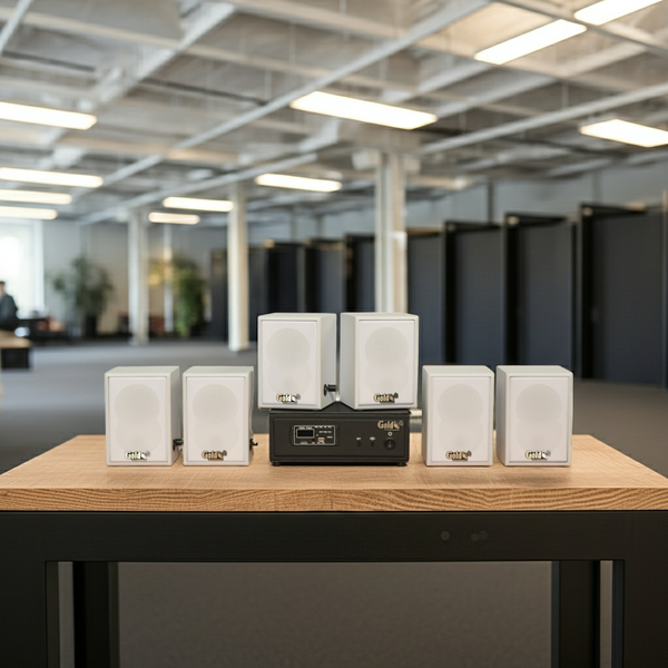 Dàn loa không dây treo tường, Loa thông báo, loa phát nhạc tự động: 01 amply A57 Goldsound + 6 loa không dây Goldsound V27 - 27w