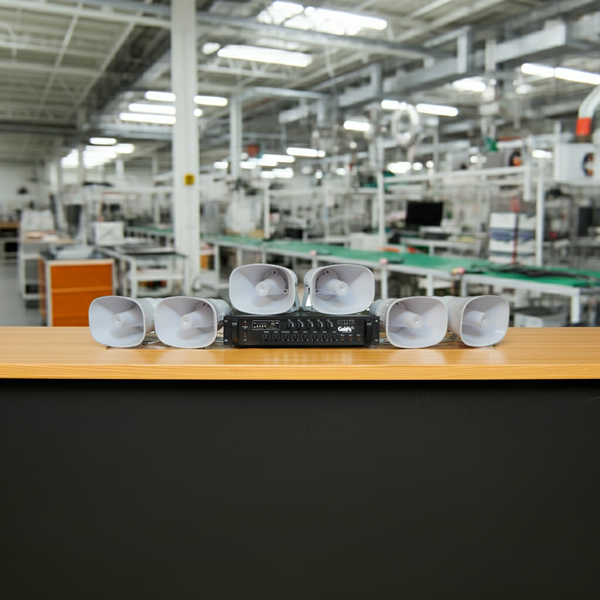 Loa thông báo nhà xưởng: 1 Amply A550F + 06 Ne35w, Amply 5 vùng, loa được thiết kế riêng, bật lớn không tạp âm, miễn phí công lắp đặt, bảo hành dài hạn 12 tháng