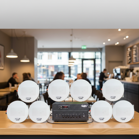Loa âm trần thông báo phát nhạc nền tự động Gold4cafe 8.0 (01 Amply + 8 loa âm trần), loa được thiết kế riêng cho quán, bật lớn không tạp âm, bảo hành dài hạn 5 năm.