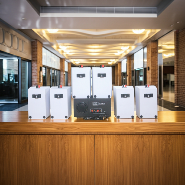 Loa thông báo, loa phát nhạc nền tự động A384PU-2K Goldsound 2 vùng âm lượng 380w + 6 loa Goldsound V25C màu trắng, loa được thiết kế riêng cho quán, bật lớn không tạp âm, miễn phí công lắp đặt, bảo hành dài hạn 5 năm.