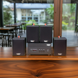 Dàn loa treo tường: Amply A156PU Goldsound 200w + 4 loa Goldsound V24c - 24w, loa được thiết kế riêng cho quán, bật lớn không tạp âm, bảo hành dài hạn 5 năm.