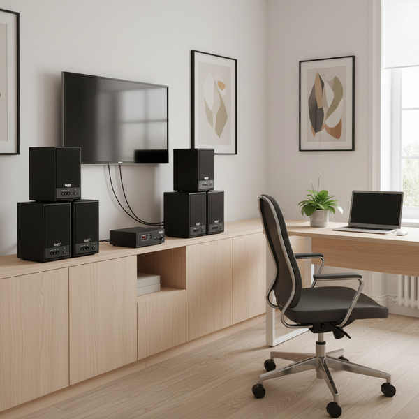 Dàn loa không dây treo tường: 01 amply A57-SG Goldsound + 6 loa không dây Goldsound V57-SG 57w