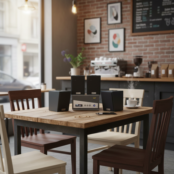 Dàn loa treo tường thông báo phát nhạc nền: 1 Amply A150 và 4 loa V18, Amply 2 vùng âm lượng, loa được thiết kế riêng cho quán, bật lớn không tạp âm, bảo hành dài hạn 5 năm.