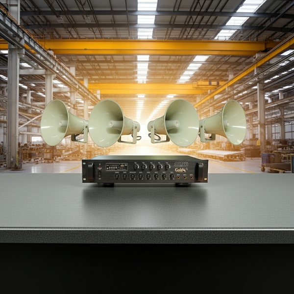 Loa thông báo nhà xưởng: 1 Amply A850F + 04 Ne85w, Amply 5 vùng, loa được thiết kế riêng, bật lớn không tạp âm, miễn phí công lắp đặt, bảo hành dài hạn 12 tháng