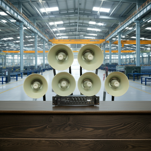 Loa thông báo nhà xưởng: 1 Amply A850F + 06 Ne65w, Amply 5 vùng, loa được thiết kế riêng, bật lớn không tạp âm, miễn phí công lắp đặt, bảo hành dài hạn 12 tháng