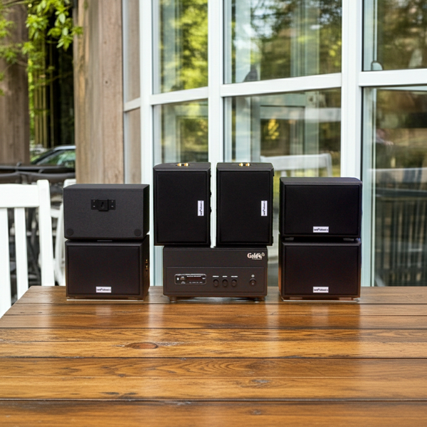 Dàn loa sân vườn: Amply A156PU Goldsound 200w + 6 loa Goldsound ngoài trời V101-NT - 15w, loa được thiết kế riêng cho quán, bật lớn không tạp âm, không bao gồm công lắp đặt, bảo hành 12 tháng