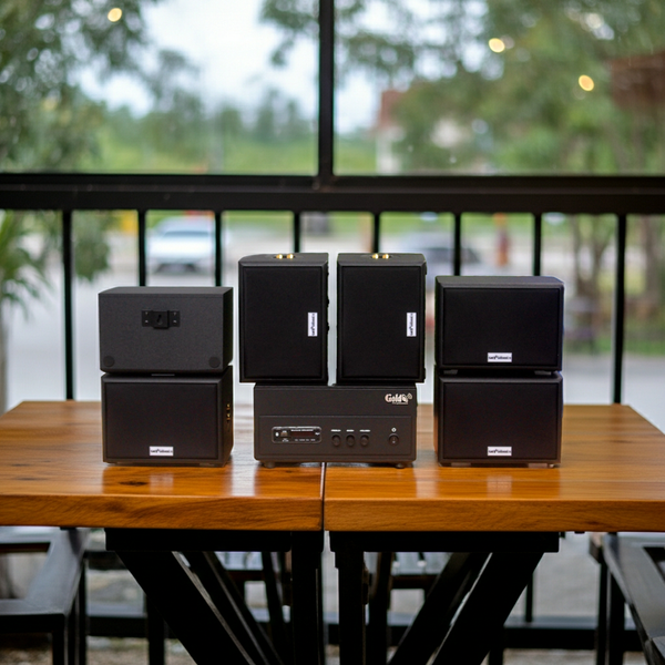 Dàn loa sân vườn: Amply A156PU Goldsound 200w + 6 loa Goldsound ngoài trời V101-NT - 15w, loa được thiết kế riêng cho quán, bật lớn không tạp âm, không bao gồm công lắp đặt, bảo hành 12 tháng