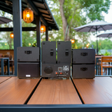 Dàn loa sân vườn: Amply A156PU Goldsound 200w + 6 loa Goldsound ngoài trời V101-NT - 15w, loa được thiết kế riêng cho quán, bật lớn không tạp âm, không bao gồm công lắp đặt, bảo hành 12 tháng