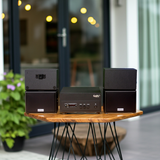 Dàn loa sân vườn: Amply A156PU Goldsound 200w + 4 loa Goldsound ngoài trời V101-NT - 15w, loa được thiết kế riêng cho quán, bật lớn không tạp âm, không bao gồm công lắp đặt, bảo hành 12 tháng