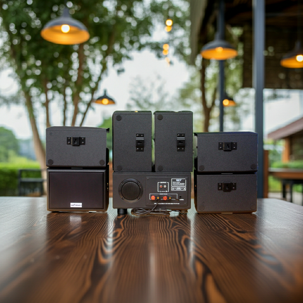 Dàn loa sân vườn: Amply A156PU Goldsound 200w + 6 loa Goldsound ngoài trời V101-NT - 15w, loa được thiết kế riêng cho quán, bật lớn không tạp âm, không bao gồm công lắp đặt, bảo hành 12 tháng