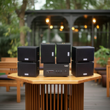 Dàn loa sân vườn: Amply A156PU Goldsound 200w + 6 loa Goldsound ngoài trời V101-NT - 15w, loa được thiết kế riêng cho quán, bật lớn không tạp âm, không bao gồm công lắp đặt, bảo hành 12 tháng