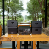 Dàn loa sân vườn: Amply A156PU Goldsound 200w + 4 loa Goldsound ngoài trời V101-NT - 15w, loa được thiết kế riêng cho quán, bật lớn không tạp âm, không bao gồm công lắp đặt, bảo hành 12 tháng