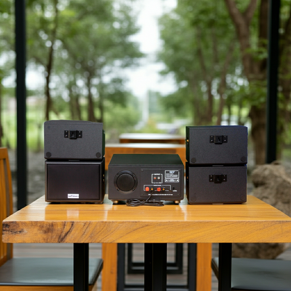 Dàn loa sân vườn: Amply A156PU Goldsound 200w + 4 loa Goldsound ngoài trời V101-NT - 15w, loa được thiết kế riêng cho quán, bật lớn không tạp âm, không bao gồm công lắp đặt, bảo hành 12 tháng