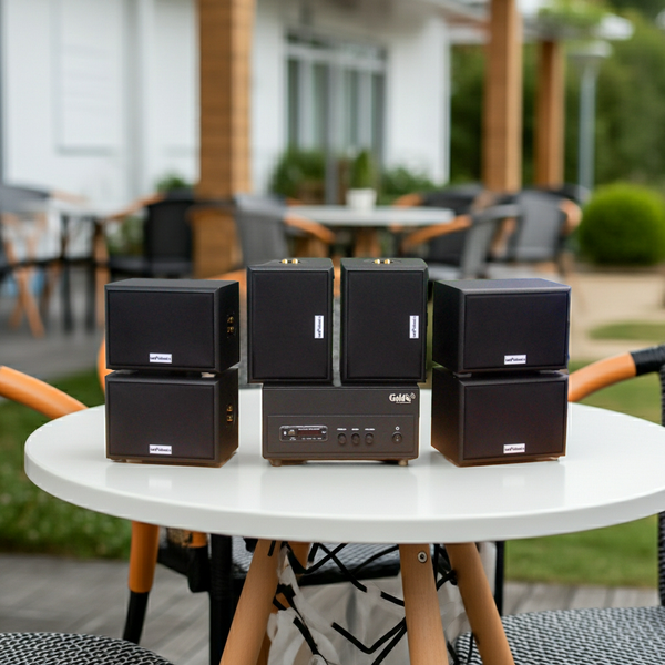Dàn loa sân vườn: Amply A156PU Goldsound 200w + 6 loa Goldsound ngoài trời V101-NT - 15w, loa được thiết kế riêng cho quán, bật lớn không tạp âm, không bao gồm công lắp đặt, bảo hành 12 tháng