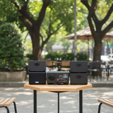 Dàn loa sân vườn: Amply A156PU Goldsound 200w + 4 loa Goldsound ngoài trời V101-NT - 15w, loa được thiết kế riêng cho quán, bật lớn không tạp âm, không bao gồm công lắp đặt, bảo hành 12 tháng