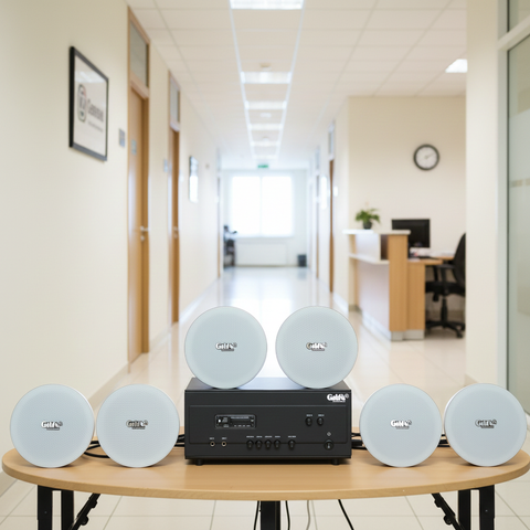 Dàn loa âm trần thông báo, phát nhạc nền tự động: A907PU-2K Goldsound 2 vùng âm lượng 900w + 6 loa âm trần VAT14, loa được thiết kế riêng cho quán, bật lớn không tạp âm, miễn phí công lắp đặt, bảo hành dài hạn 12 tháng