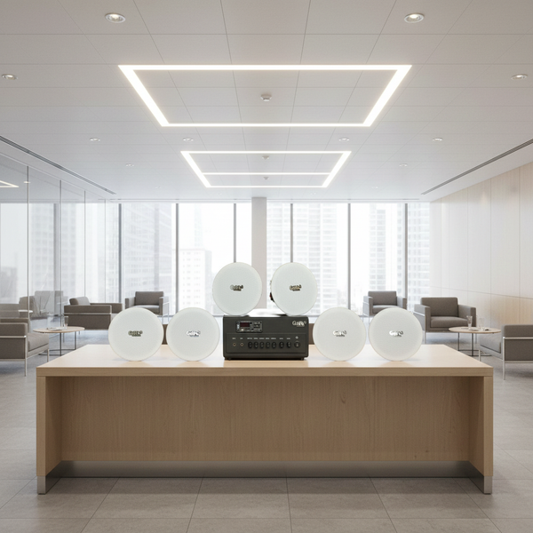 Dàn loa âm trần thông báo, phát nhạc nền tự động: A384PU-2K Goldsound 2 vùng âm lượng 380w + 6 loa âm trần VAT14, loa được thiết kế riêng cho quán, bật lớn không tạp âm, miễn phí công lắp đặt, bảo hành dài hạn 12 tháng