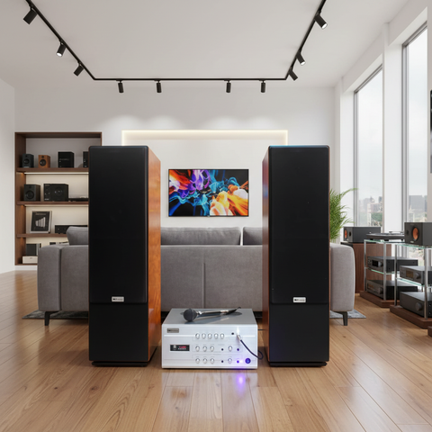 Dàn loa cây V390-A1200 vân gỗ (Amply A1200 + 2 loa cây V390) - Hàng trưng bày đồng giá cuối năm