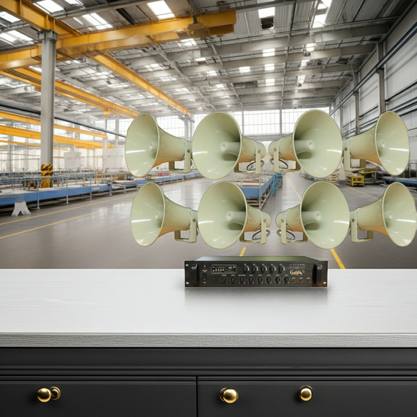 Loa thông báo nhà xưởng: 1 Amply A1000F + 08 Ne85w, Amply 5 vùng, loa được thiết kế riêng, bật lớn không tạp âm, miễn phí công lắp đặt, bảo hành dài hạn 12 tháng