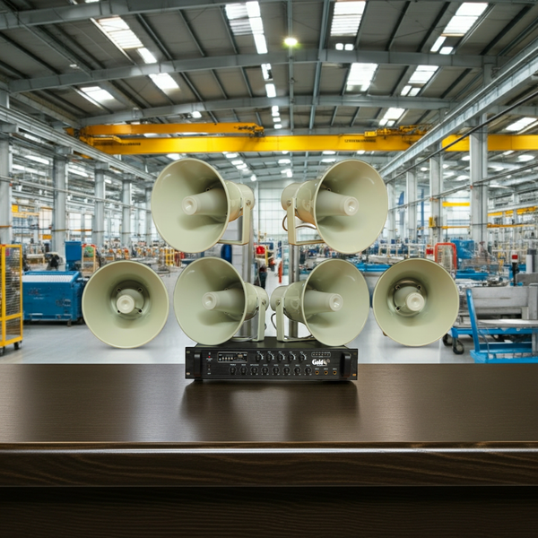 Loa thông báo nhà xưởng: 1 Amply A850F + 06 Ne65w, Amply 5 vùng, loa được thiết kế riêng, bật lớn không tạp âm, miễn phí công lắp đặt, bảo hành dài hạn 12 tháng