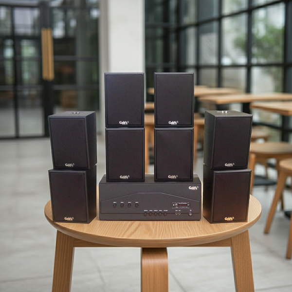 Dàn loa treo tường thông báo, phát nhạc nền tự động: Amply A917PU-4K 4 vùng âm lượng 1500w + 8 loa Goldsound treo tường V55C 55w, loa được thiết kế riêng cho quán, bật lớn không tạp âm, miễn phí công lắp đặt, bảo hành dài hạn 5 năm.