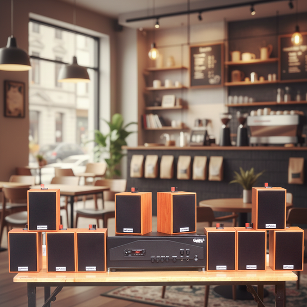 Loa thông báo phát nhạc nền tự động Gold4cafe 10.0 màu vân gỗ đỏ (10 loa + 1 amply), Amply 1200w - 2 vùng âm lượng, loa được thiết kế riêng cho quán, bật lớn không tạp âm, bảo hành dài hạn 5 năm