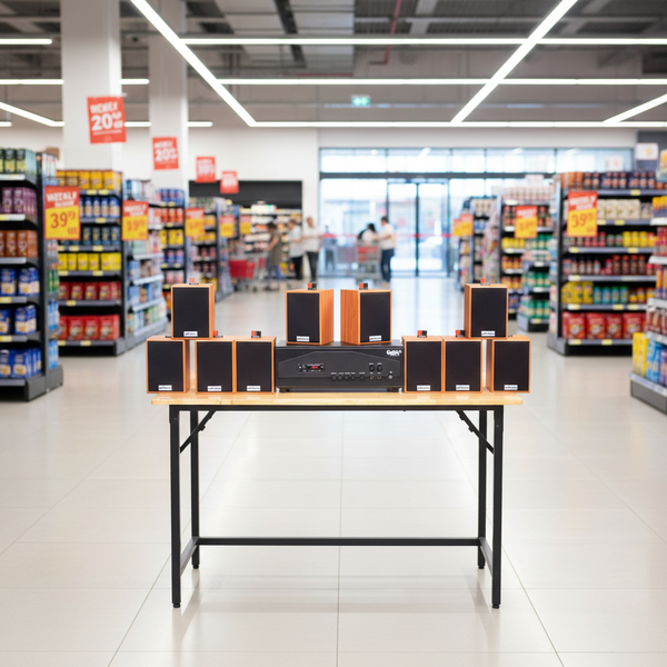 Loa thông báo phát nhạc nền tự động Gold4cafe 10.0 màu vân gỗ đỏ (10 loa + 1 amply), Amply 1200w - 2 vùng âm lượng, loa được thiết kế riêng cho quán, bật lớn không tạp âm, bảo hành dài hạn 5 năm