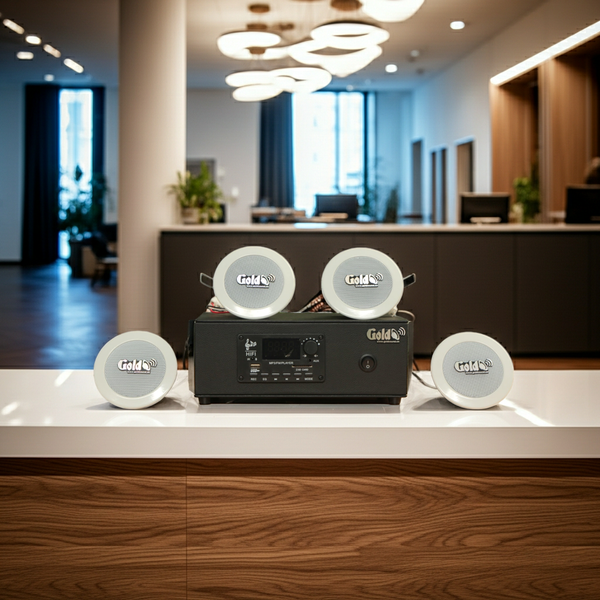 Dàn loa âm trần thông báo, phát nhạc nền tự động: A2.0PU Goldsound 60w + 4 loa âm trần VAT8, loa được thiết kế riêng cho quán, bật lớn không tạp âm, miễn phí công lắp đặt, bảo hành dài hạn 12 tháng