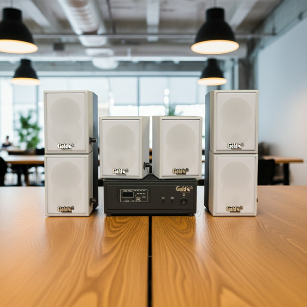 Dàn loa không dây treo tường, Loa thông báo, loa phát nhạc tự động: 01 amply A57 Goldsound + 6 loa không dây Goldsound V27 - 27w