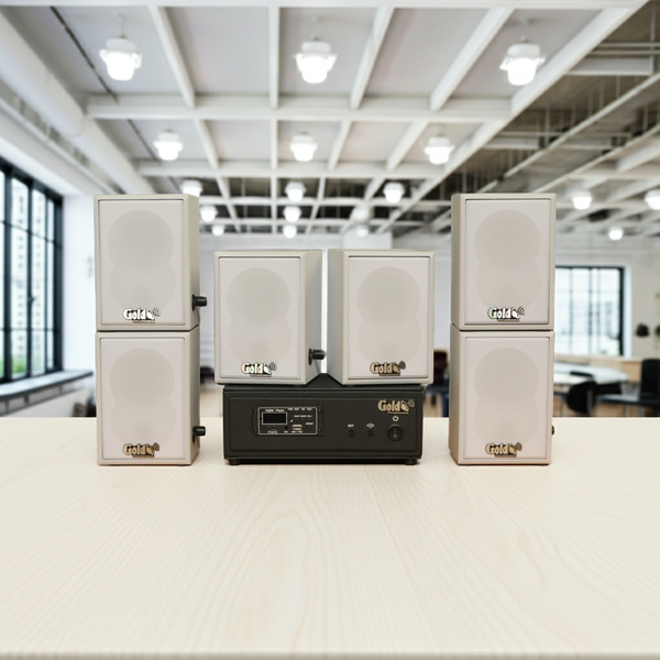 Dàn loa không dây treo tường, Loa thông báo, loa phát nhạc tự động: 01 amply A57 Goldsound + 6 loa không dây Goldsound V27 - 27w