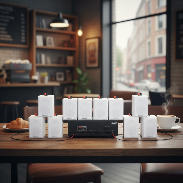 Loa treo tường thông báo phát nhạc nền tự động Gold4cafe 10.0 bản màu trắng (01 amply + 10 loa), Amply 1200w - 2 vùng âm lượng, loa được thiết kế riêng cho quán, bật lớn không tạp âm, bảo hành dài hạn 5 năm.