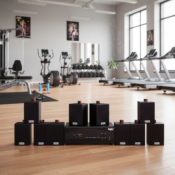 Loa thông báo phát nhạc nền tự động Gold4cafe 10.0 bản màu đen (01 amply + 10 loa), Amply 1200w - 2 vùng âm lượng, loa được thiết kế riêng cho quán, bật lớn không tạp âm, bảo hành dài hạn 5 năm.