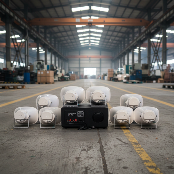 Loa thông báo nhà xưởng: 1 Amply A907PU-100V + 10 Ne20w, Amply hai vùng âm lượng, loa được thiết kế riêng, bật lớn không tạp âm, miễn phí công lắp đặt, bảo hành dài hạn 12 tháng