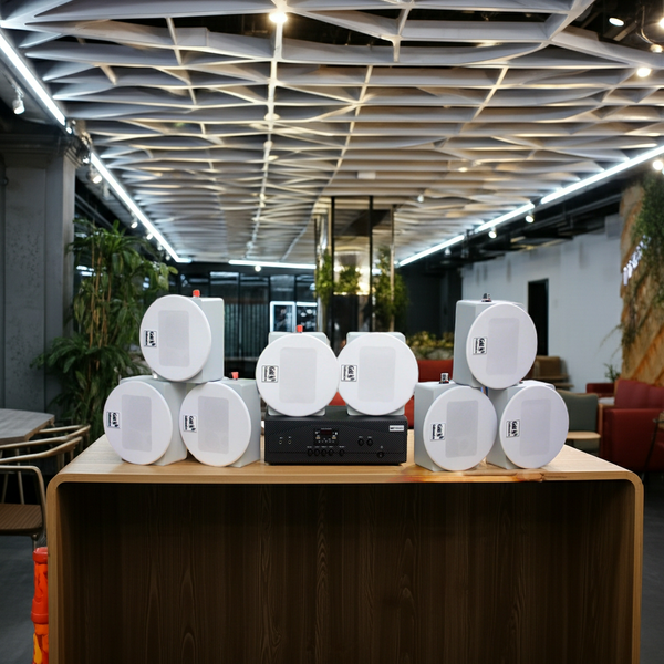 Loa âm trần thông báo, phát nhạc nền: Âm ly A917 Goldsound 2 vùng âm lượng 1200w + 8 loa âm trần Goldsound VAT38 38w, loa được thiết kế riêng cho quán, bật lớn không tạp âm, miễn phí công lắp đặt, bảo hành dài hạn 5 năm