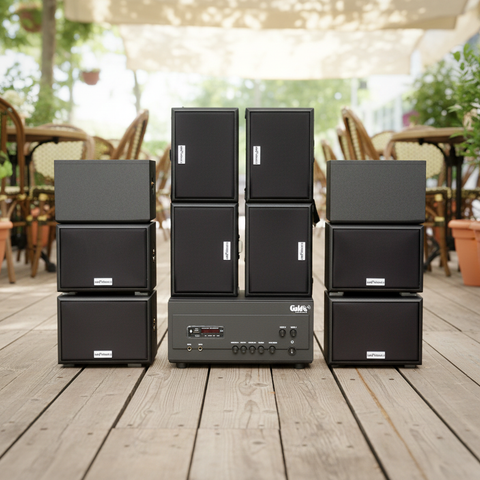 Dàn loa sân vườn: Amply A907PU-2K Goldsound 900w + 10 loa Goldsound ngoài trời V101-NT - 15w, loa được thiết kế riêng cho quán, bật lớn không tạp âm, không bao gồm công lắp đặt, bảo hành 12 tháng