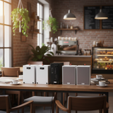 Dàn loa treo tường thông báo phát nhạc nền tự động: Amply A384 + 4 V70C, Amply hai vùng âm lượng, loa được thiết kế riêng cho quán, bật lớn không tạp âm, bảo hành dài hạn 5 năm.