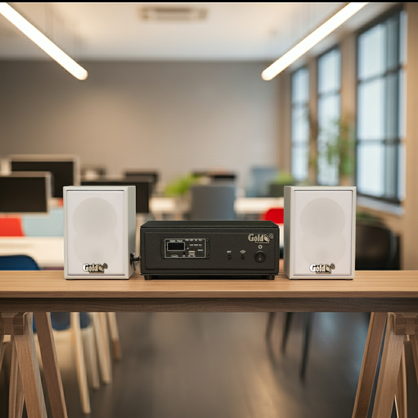 Dàn loa không dây treo tường, Loa thông báo, loa phát nhạc tự động: 01 amply A57 Goldsound + 2 loa không dây Goldsound V27 - 27w