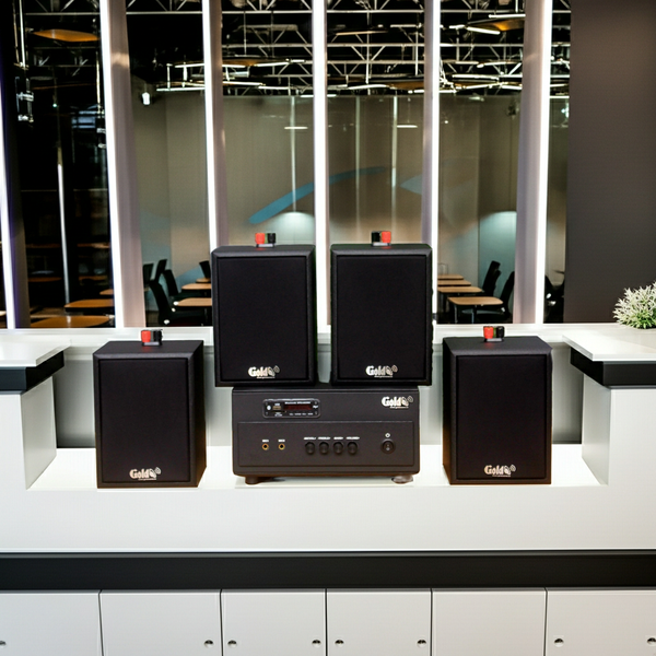 Dàn loa treo tường: Amply A154PU Goldsound 150w + 4 loa Goldsound V24c - 24w, loa được thiết kế riêng cho quán, bật lớn không tạp âm, bảo hành dài hạn 5 năm.