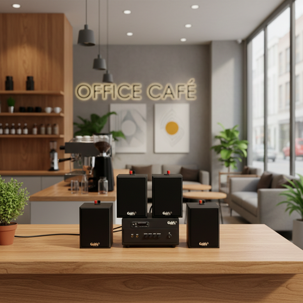 Dàn loa treo tường: Amply A154PU Goldsound 150w + 4 loa Goldsound V24c - 24w, loa được thiết kế riêng cho quán, bật lớn không tạp âm, bảo hành dài hạn 5 năm.