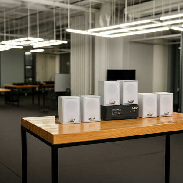 Dàn loa không dây treo tường, Loa thông báo, loa phát nhạc tự động: 01 amply A57 Goldsound + 6 loa không dây Goldsound V27 - 27w