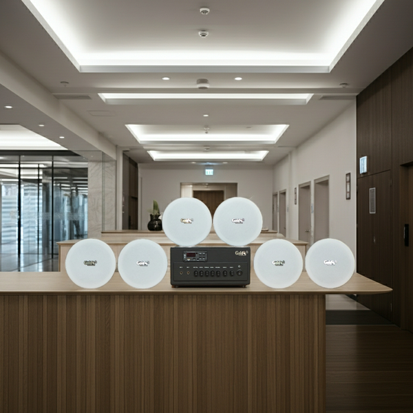 Dàn loa âm trần thông báo, phát nhạc nền tự động: A384PU-2K Goldsound 2 vùng âm lượng 380w + 6 loa âm trần VAT14, loa được thiết kế riêng cho quán, bật lớn không tạp âm, miễn phí công lắp đặt, bảo hành dài hạn 12 tháng