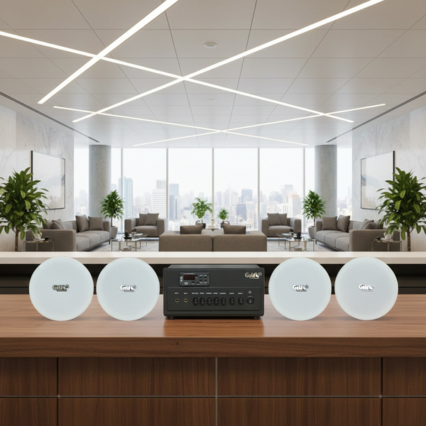 Dàn loa âm trần thông báo, phát nhạc nền tự động: A384PU-2K Goldsound 2 vùng âm lượng 380w + 6 loa âm trần VAT14, loa được thiết kế riêng cho quán, bật lớn không tạp âm, miễn phí công lắp đặt, bảo hành dài hạn 12 tháng
