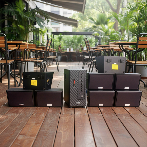 Dàn loa treo tường thông báo phát nhạc nền tự động: A906 Goldsound 2 vùng âm lượng 900w + 8 loa Goldsound ngoài trời V50NT 50w, loa được thiết kế riêng cho quán, bật lớn không tạp âm, miễn phí công lắp đặt, bảo hành 12 tháng