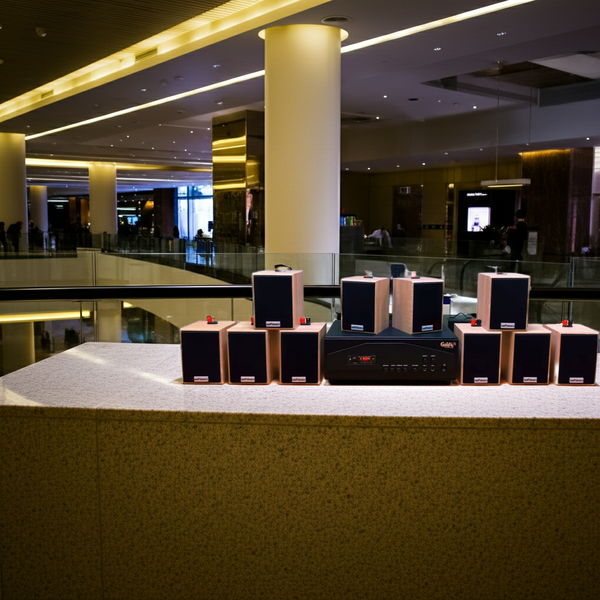 Loa thông báo phát nhạc nền tự động Gold4cafe 10.0 màu vân gỗ(amply + 10 loa), Amply 1200w - 2 vùng âm lượng, loa được thiết kế riêng cho quán, bật lớn không tạp âm, bảo hành dài hạn 5 năm.