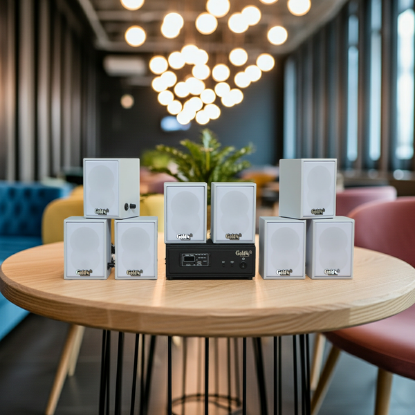 Dàn loa không dây treo tường, Loa thông báo, loa phát nhạc tự động: 01 amply A57 Goldsound + 8 loa không dây Goldsound V27 - 27w