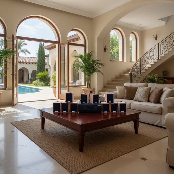 Loa thông báo phát nhạc nền tự động Gold4cafe 10.0 màu vân gỗ(amply + 10 loa), Amply 1200w - 2 vùng âm lượng, loa được thiết kế riêng cho quán, bật lớn không tạp âm, bảo hành dài hạn 5 năm.